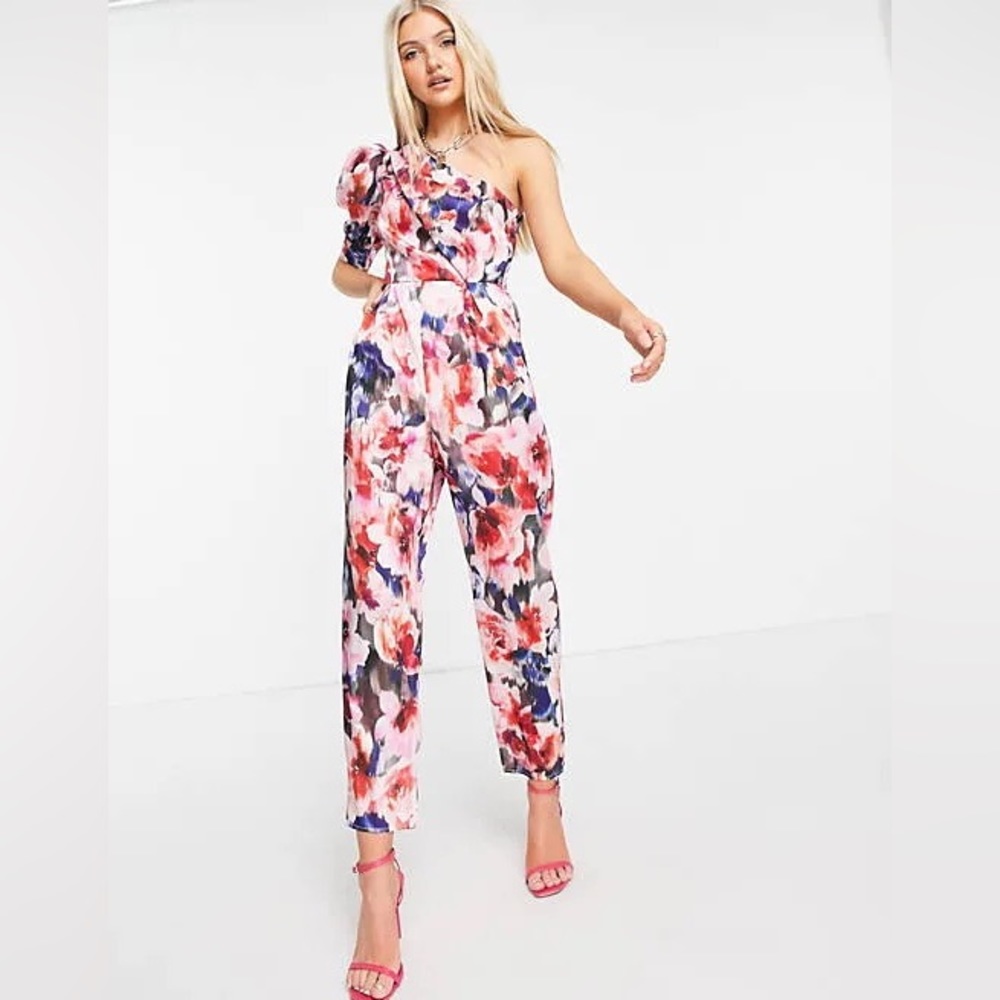 ASOS puff sleeve one shoulder jumpsuit floral